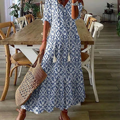 Boho tummy coverage dress, blue patterned short-sleeve with V-neck and tiered hem