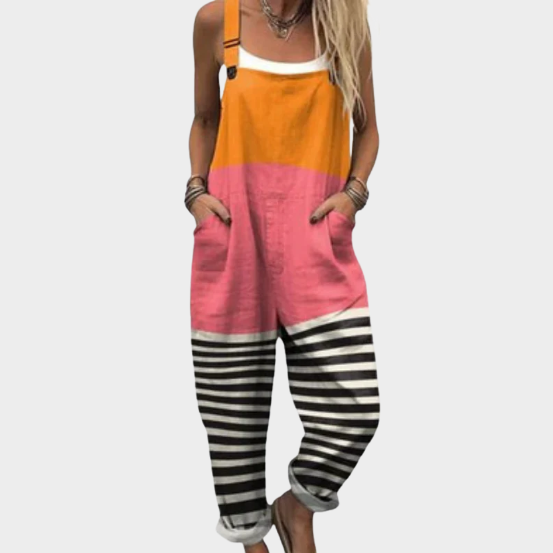 Sleeveless printed overalls with orange and pink bib and black-and-white striped legs