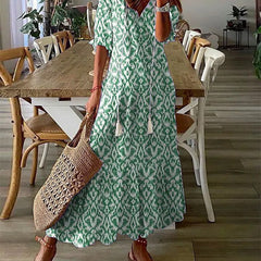 Boho tummy coverage dress, green patterned short-sleeve with V-neck and tiered hem