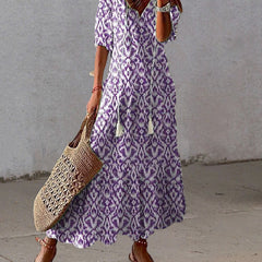 Boho tummy coverage dress, purple patterned short-sleeve with V-neck and tiered hem