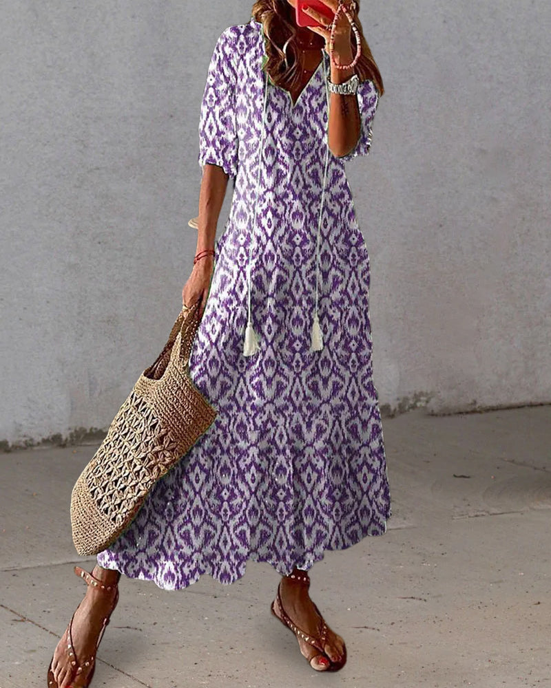 Boho tummy coverage dress, purple patterned short-sleeve with V-neck and tiered hem