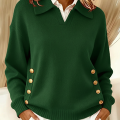 VYNETTE v-neck knit sweater with collar, gold button placket sleeves, green