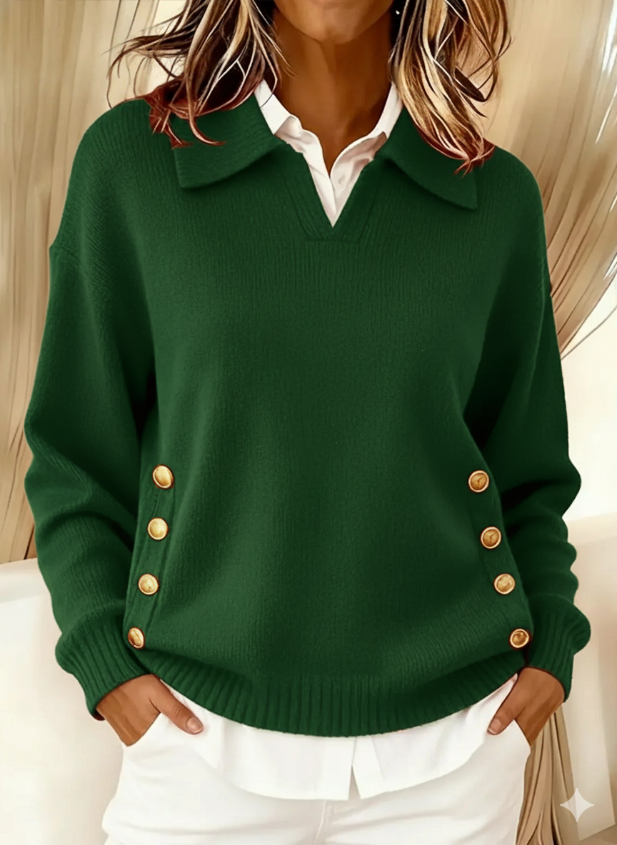VYNETTE v-neck knit sweater with collar, gold button placket sleeves, green