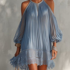 Blue pleated midi dress with lace yoke and tiered lace hem