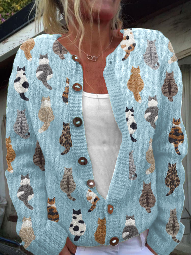 Blue cat print cardigan with button-front and long sleeves