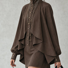 Chocolate cape-style midi dress with draped cape sleeves and vertical button placket