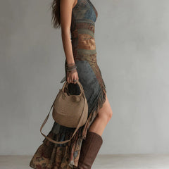 Green and brown one-shoulder printed maxi dress with ruffled slit and tiered skirt