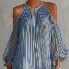 Blue pleated halter midi dress with lace trim at neckline and shoulder