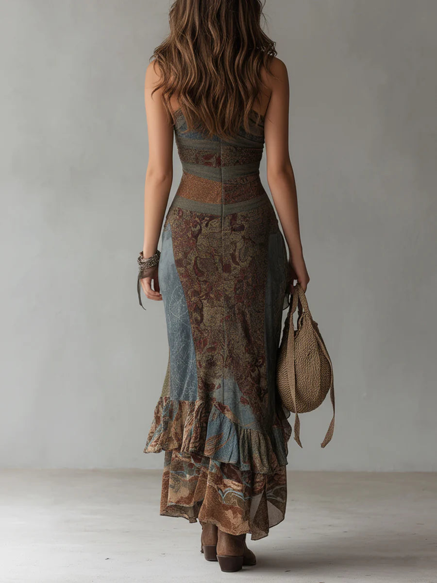 Green and brown one-shoulder printed maxi dress with tiered ruffle hem and side slit