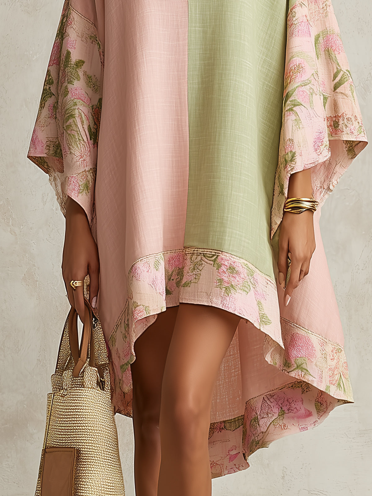 Green and Pink Floral-Trim Midi Dress