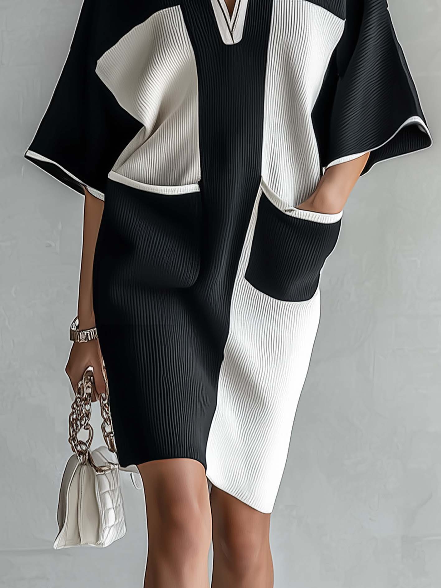 Black and white color-block midi dress with V-neck and contrast front panels, knee-length fit