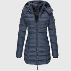 LIORAH long down jacket, navy blue, hooded full-zip puffer with side pockets.