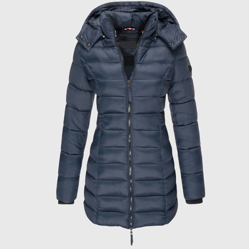 LIORAH long down jacket, navy blue, hooded full-zip puffer with side pockets.