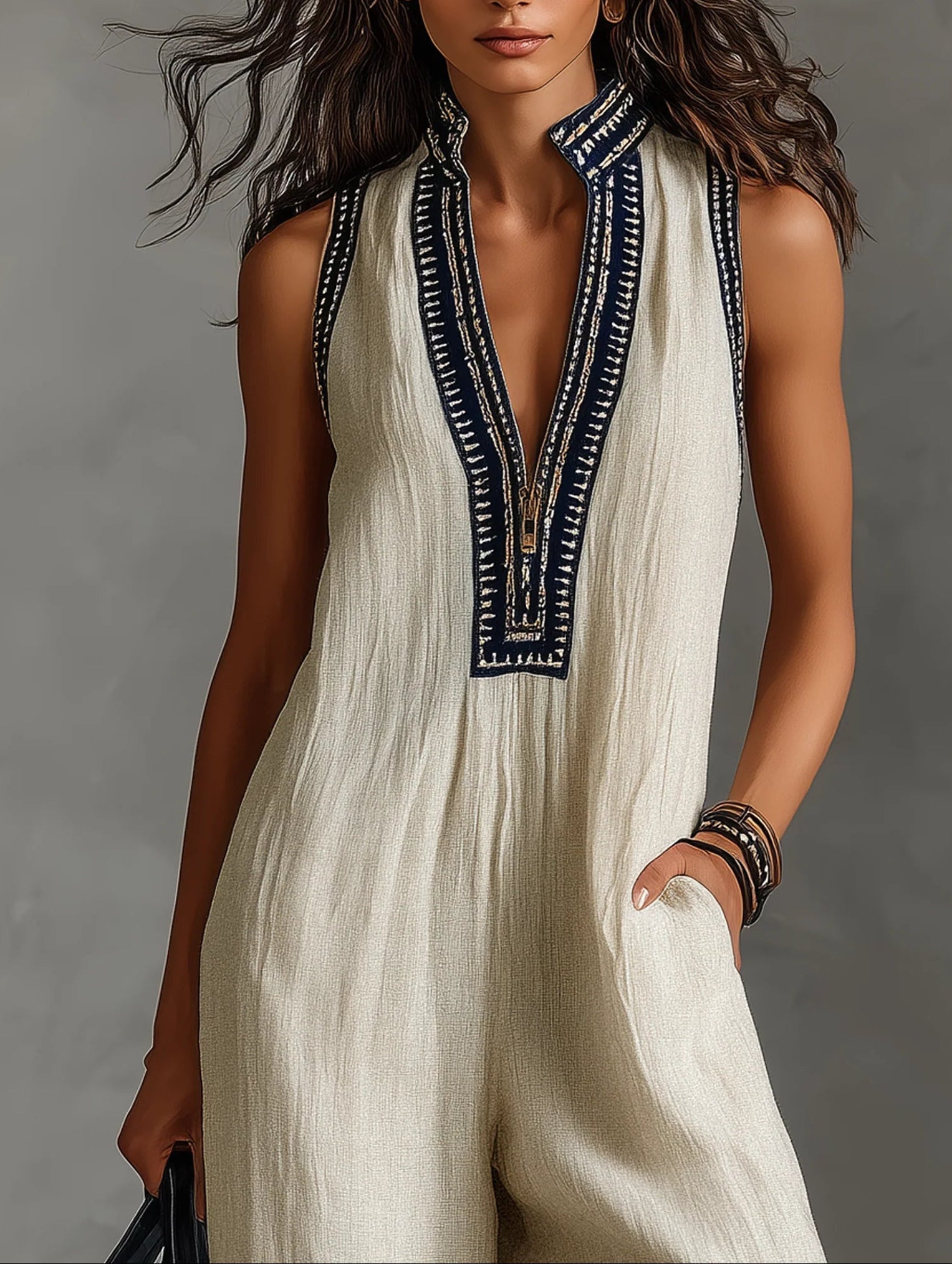 Beige sleeveless high-collar jumpsuit with zip placket and navy embroidered border