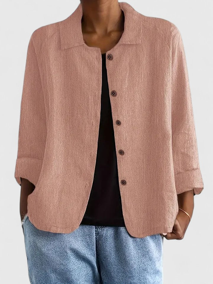 Lightweight button-front shirt jacket in pink with stand collar and 3/4 sleeves
