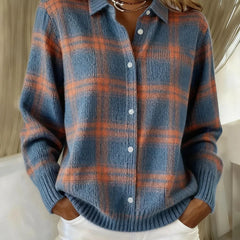 Blue and orange plaid knit cardigan with button front, collared V-neck, long sleeves