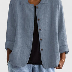 Lightweight button-front shirt jacket in blue gray with stand collar and 3/4 sleeves