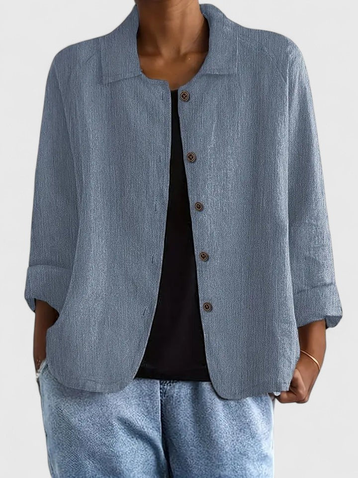 Lightweight button-front shirt jacket in blue gray with stand collar and 3/4 sleeves