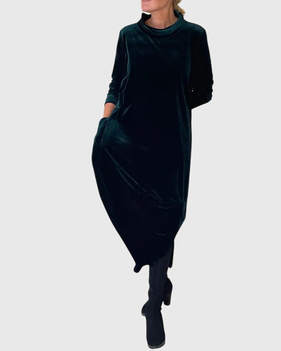 Dark green maxi dress, long sleeves, round neck, relaxed drape