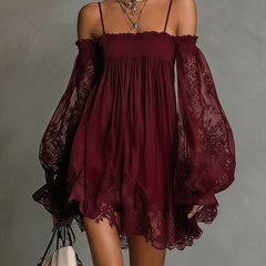 Burgundy off-shoulder mini dress with lace bell sleeves and smocked chiffon skirt