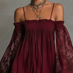 Burgundy off-shoulder mini dress with lace-trim sheer sleeves and smocked bodice