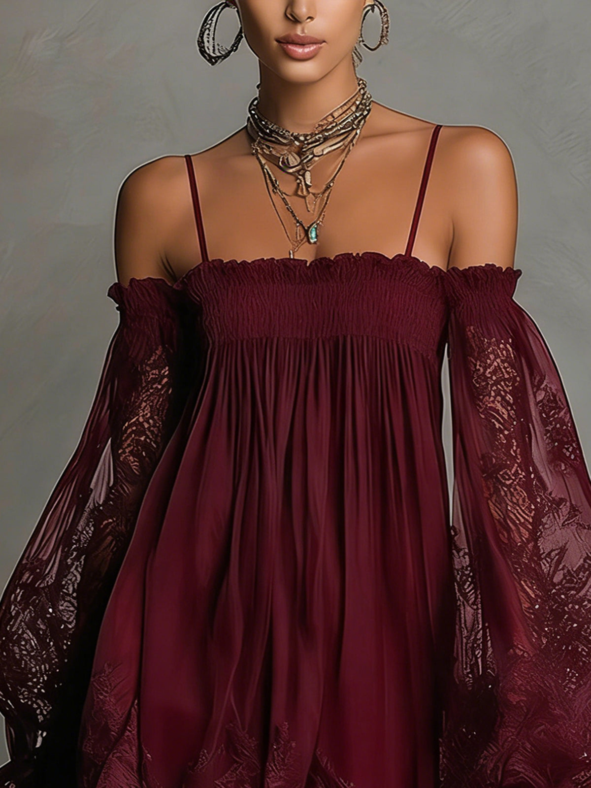 Burgundy off-shoulder mini dress with smocked bodice and lace sleeves