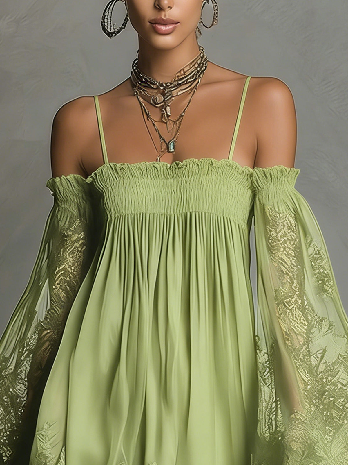 Lime green off-shoulder chiffon mini dress with smocked bodice and lace-trim sheer sleeves.