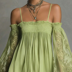 Lime green off-shoulder mini dress with lace bell sleeves and smocked bodice