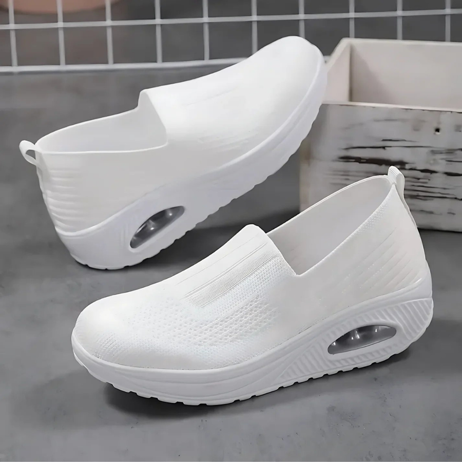 Women’s slip-on comfort shoes, white knit upper with cushioned oval air-cushion sole