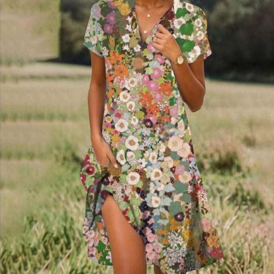 Floral midi summer dress with short sleeves, V-neck and tiered skirt, side slit