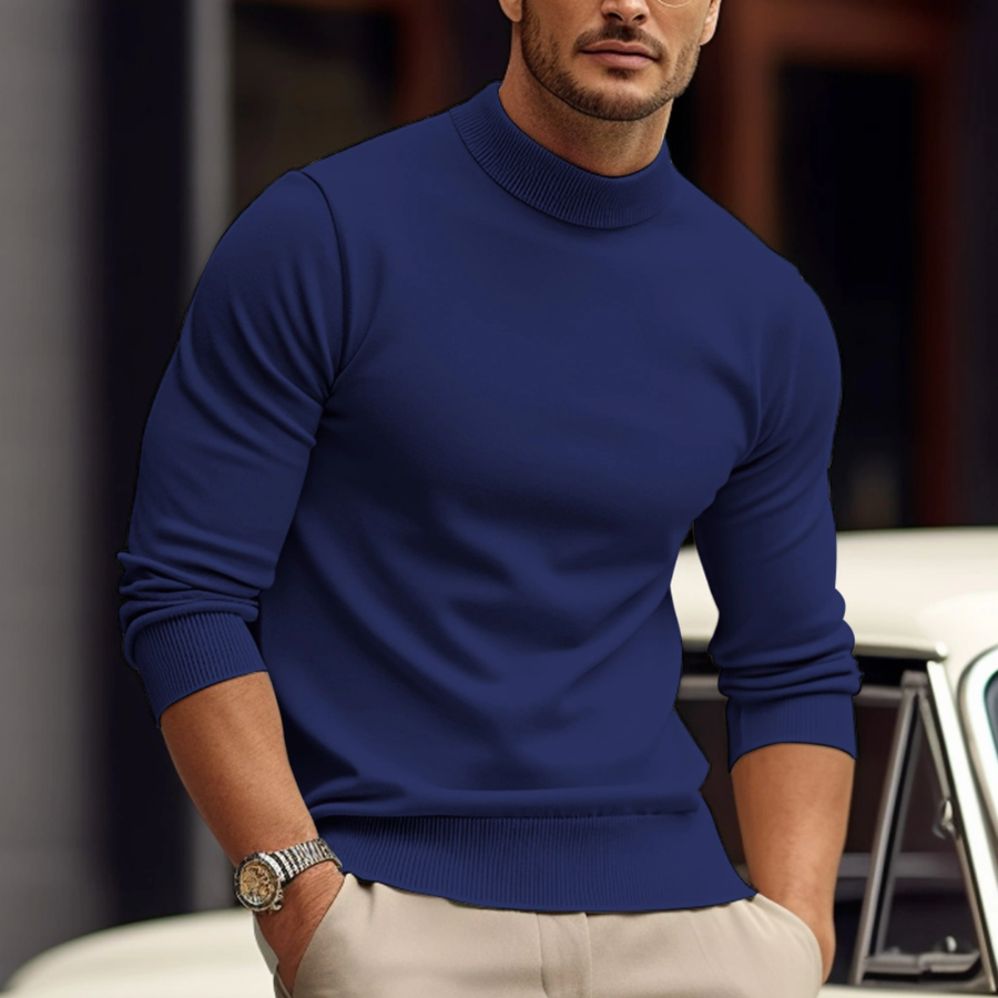Men's tight casual sweater, blue crew neck with ribbed cuffs and hem