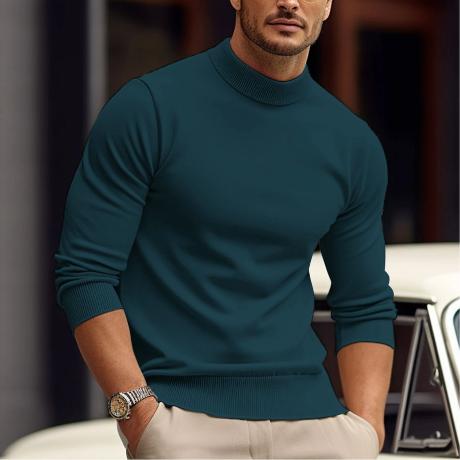 Men's tight casual sweater, teal crew neck with ribbed cuffs and hem
