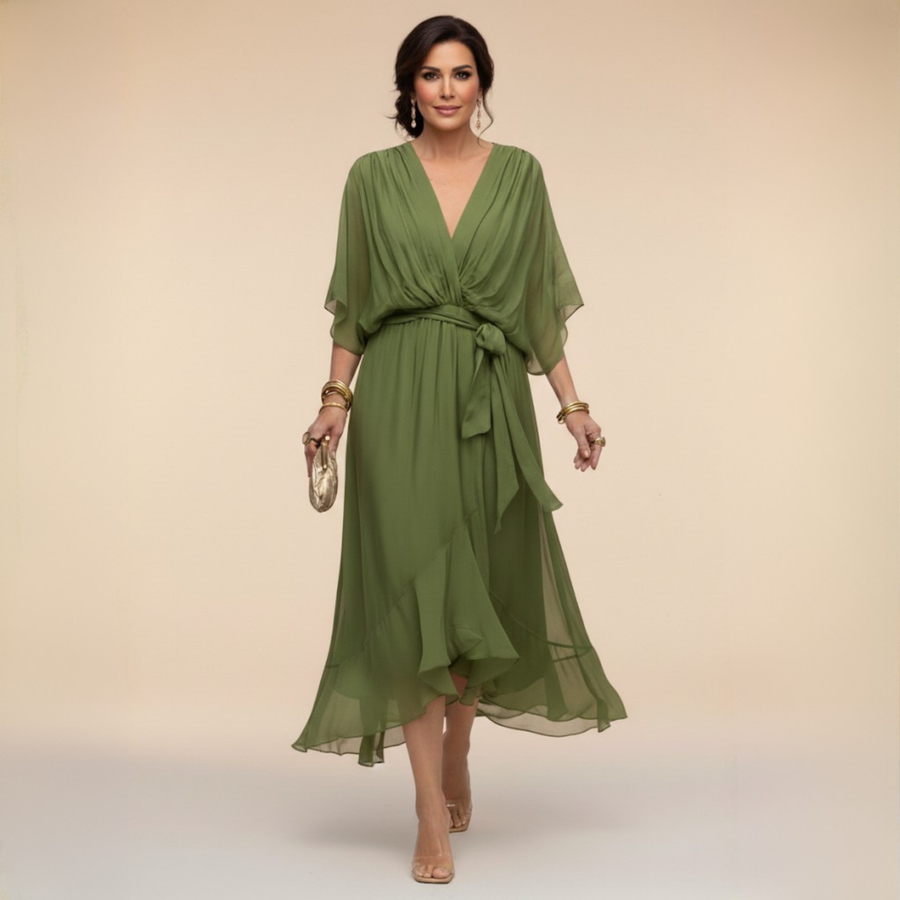 Green midi V-neck wrap dress with tied waist, flowing chiffon sleeves.