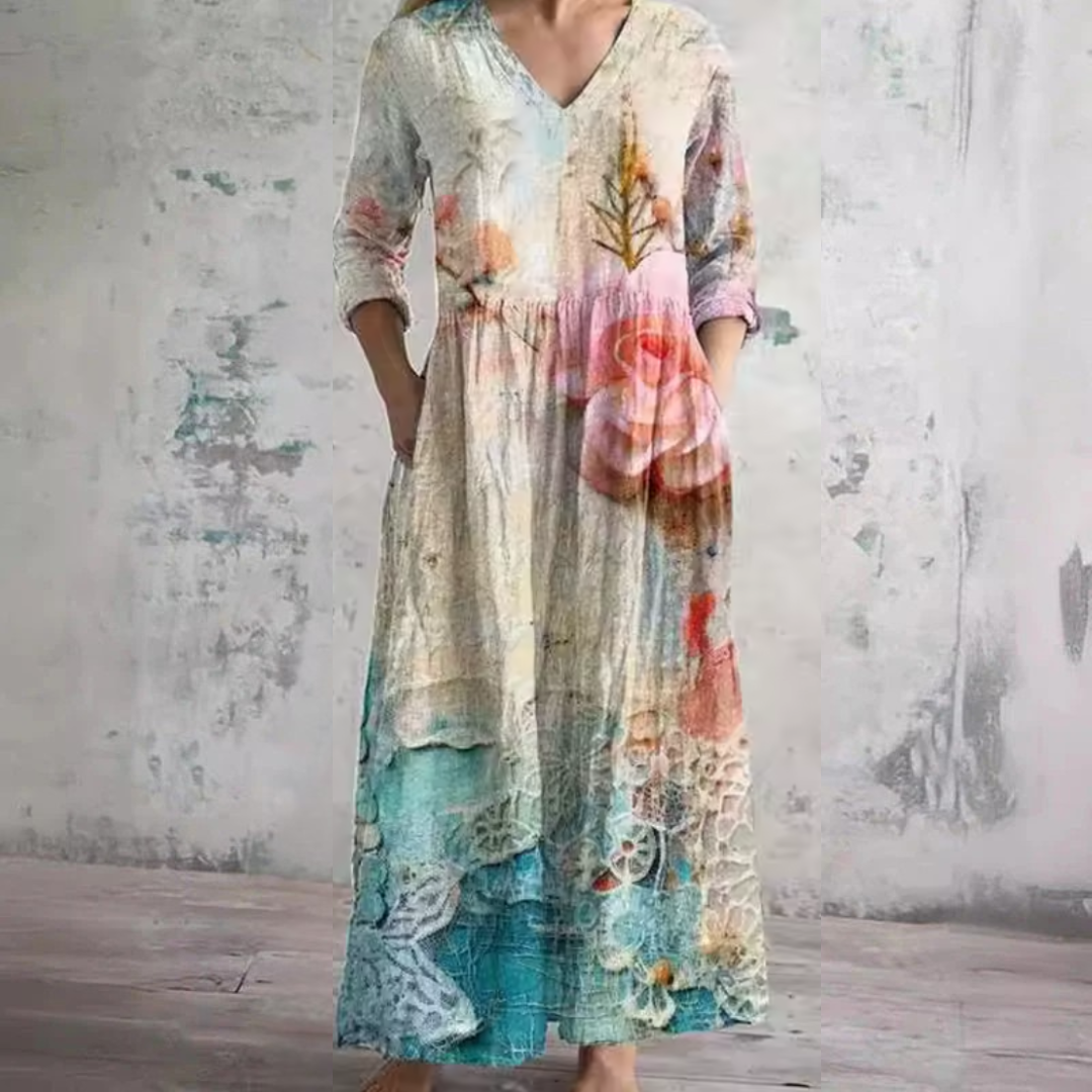 PATRICIA multicolor floral summer dress with V-neck and three-quarter sleeves