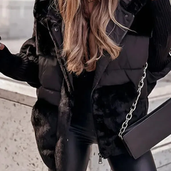 Black plush hooded jacket with front zip and faux-fur lining