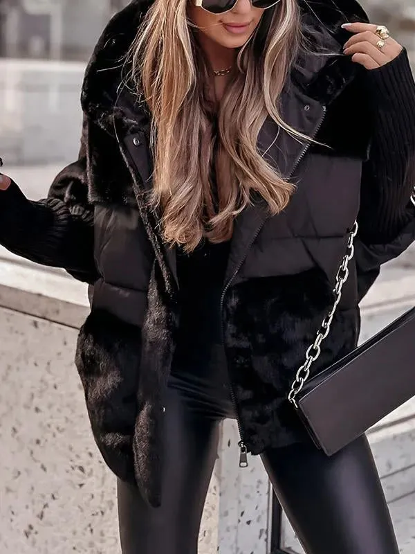 Black plush hooded jacket with front zip and faux-fur lining