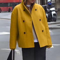 Mustard yellow long-sleeve stand-collar coat with double-breasted button front