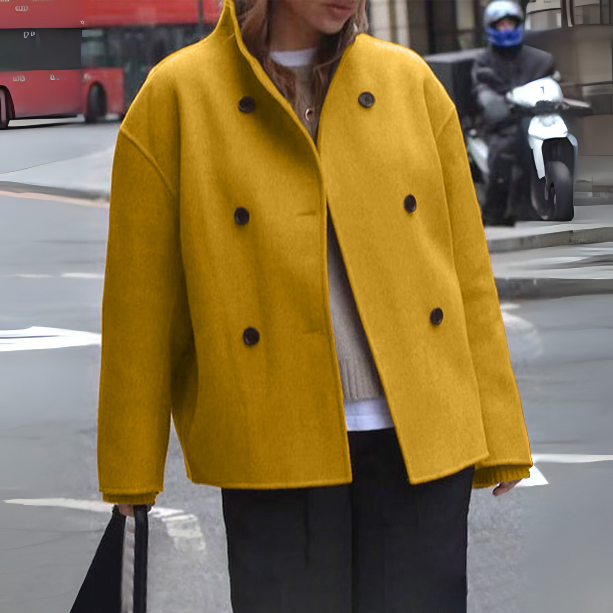 Mustard yellow long-sleeve stand-collar coat with double-breasted button front