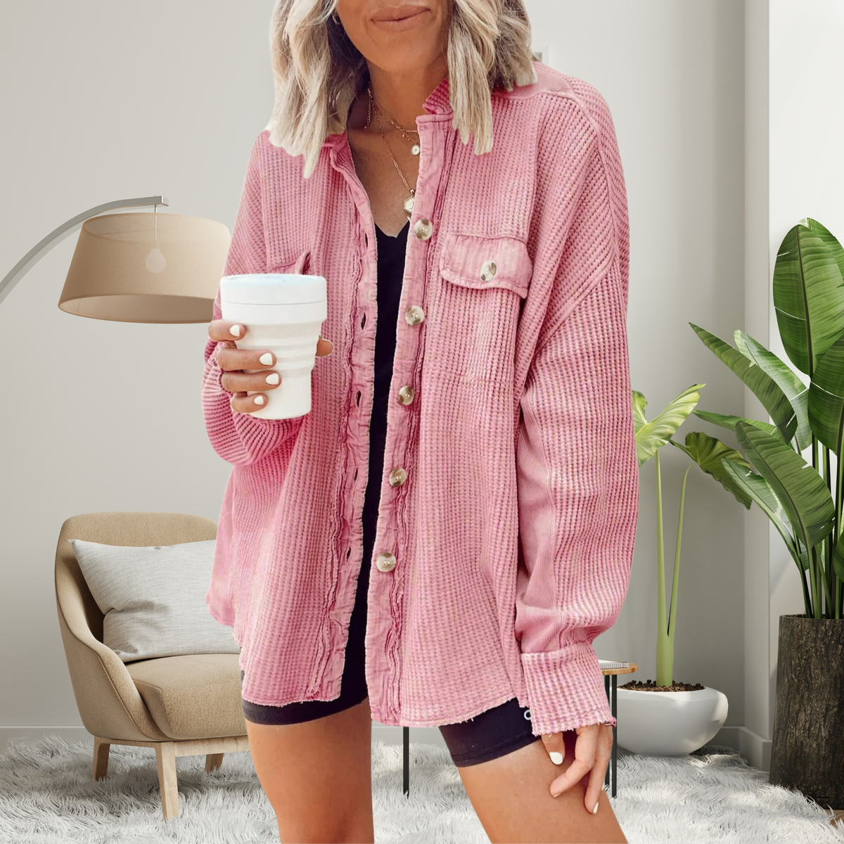 Cozy loose-fit batwing button-down jacket in pink, textured knit, button-front closure