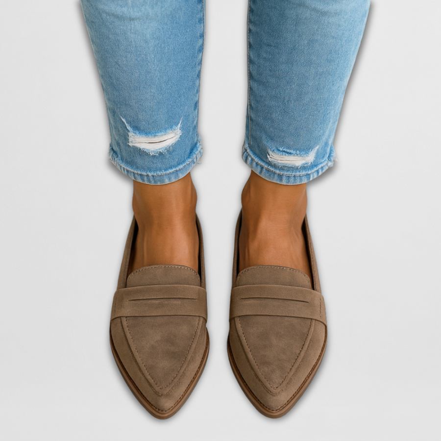 Khaki suede loafer with low heel and comfort vamp strap detail