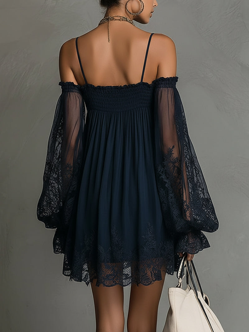 Navy off-shoulder chiffon mini dress with smocked bodice and lace sheer sleeves, back view.