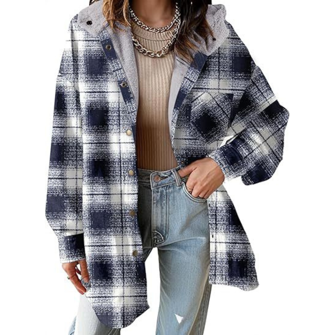 Relaxed-fit hooded plaid jacket in navy and white with button front