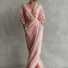Pink linen-blend maxi V-neck dress with knotted waist, long skirt with side slit