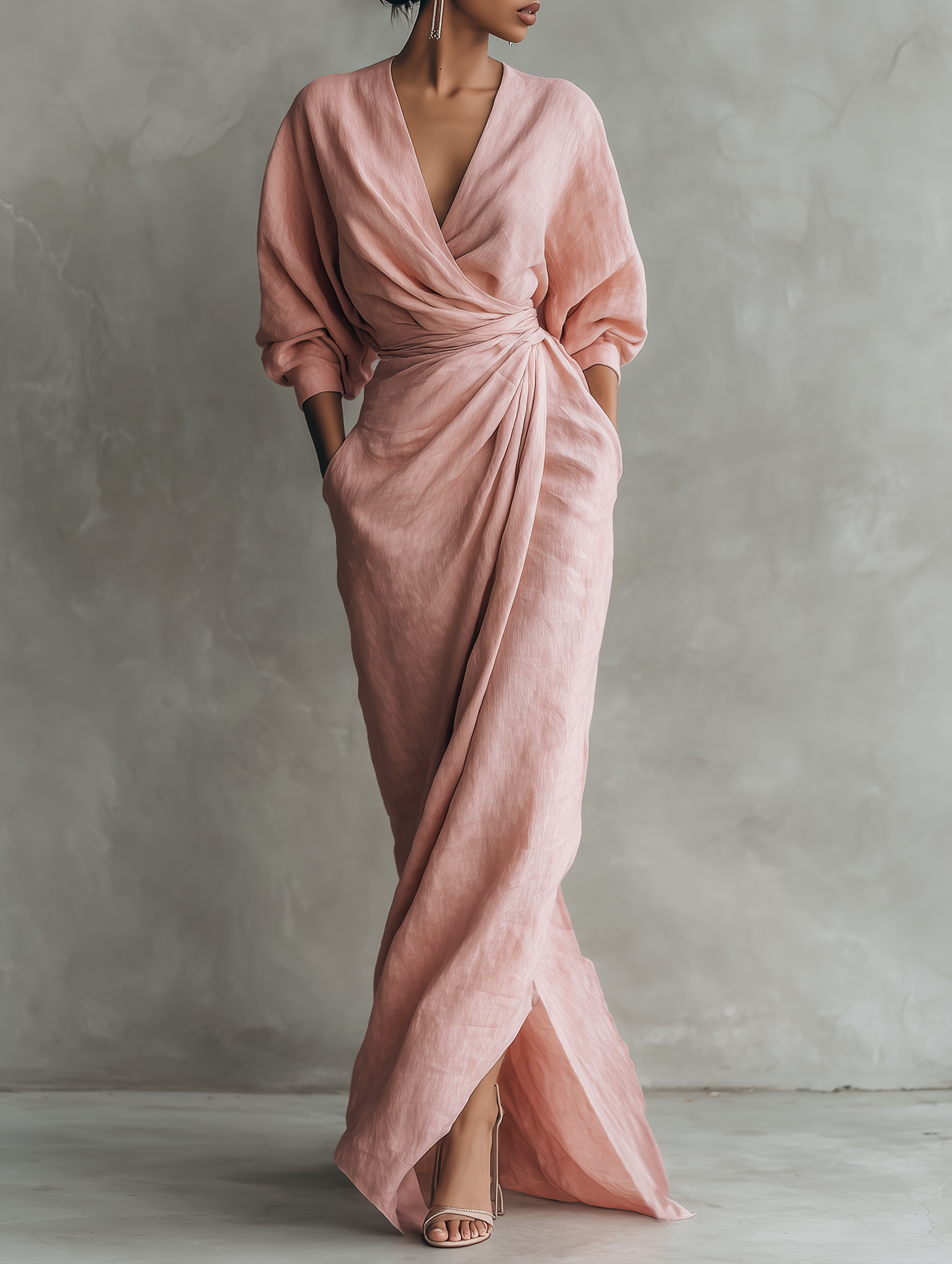 Pink linen-blend maxi dress with V-neck, ruched knot front, three-quarter sleeves