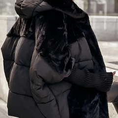 Black plush hooded jacket with thick padded body and faux-fur collar