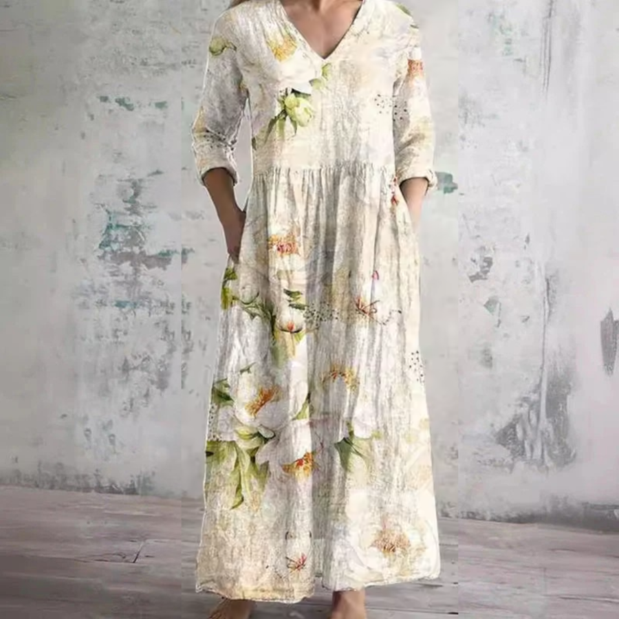Beige floral summer dress with V-neck, 3/4 sleeves and gathered waist