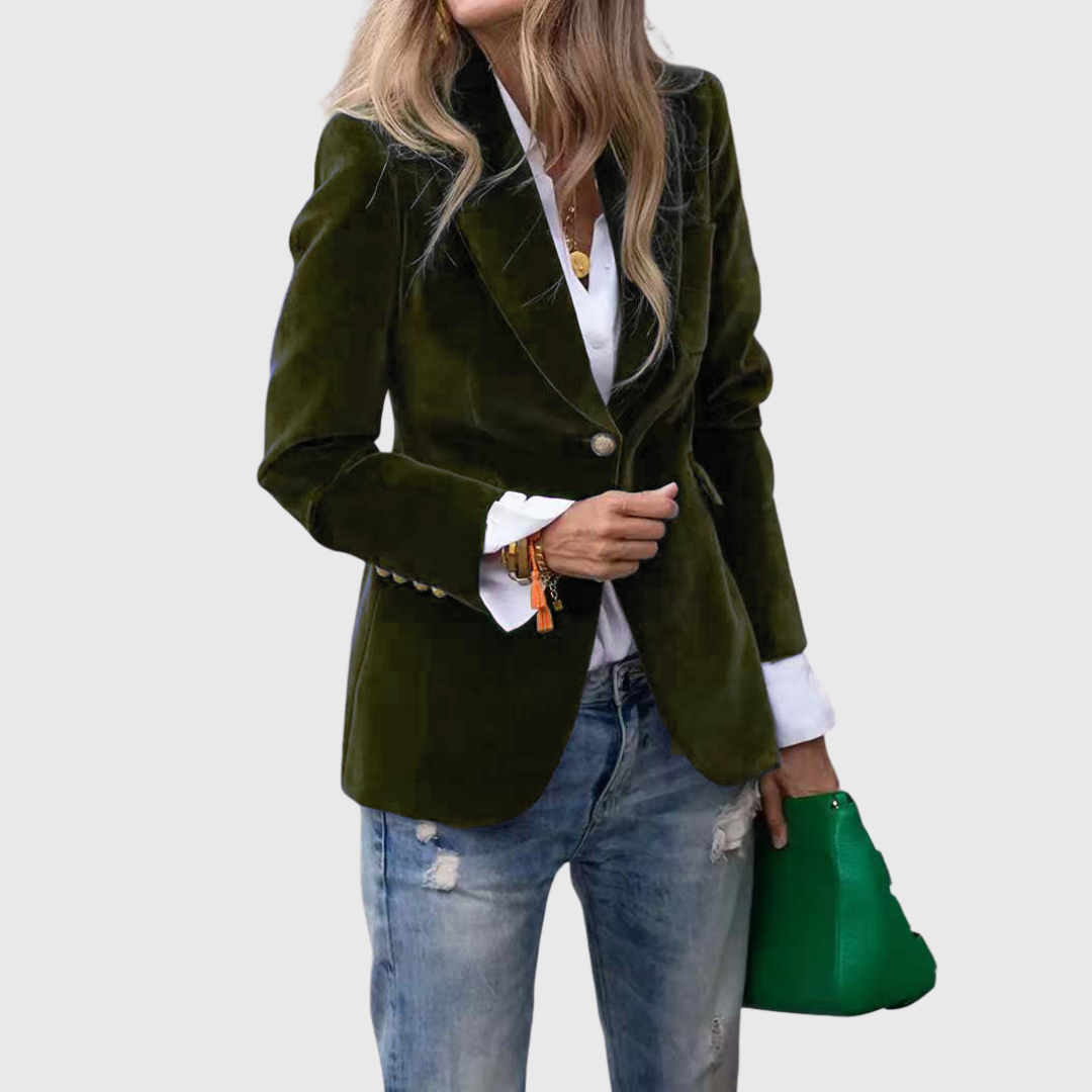 Women’s dark green blazer with notched lapels, single button, and two front pockets