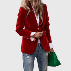 Women’s red blazer with notched lapels, single button, and two front pockets