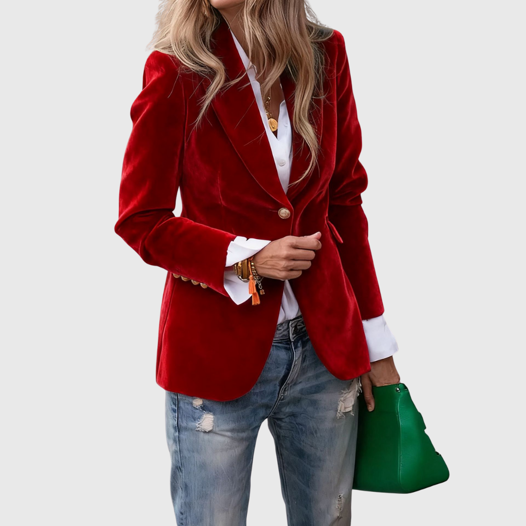 Women’s red blazer with notched lapels, single button, and two front pockets
