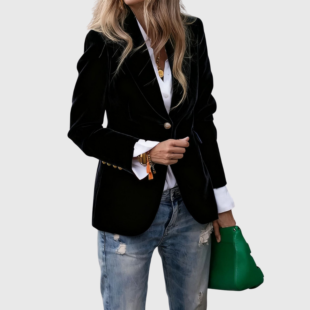 Women’s black blazer with notched lapels, single button, and two front pockets